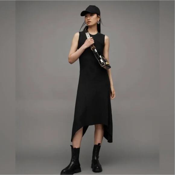 All Saints Dresses & Skirts - All Saints Gia Asymmetrical Hankerchief Black Cotton-Blend Midi Dress US 8